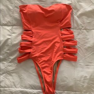 Orange Cutout Bathing Suit One Piece